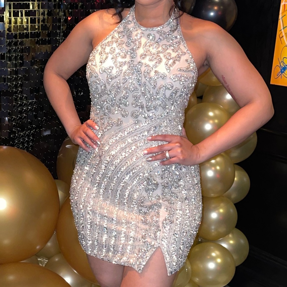 Sherri Hill Silver Embellished Halter Dress